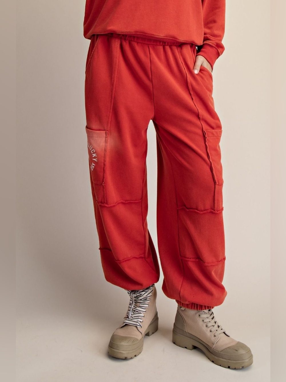 Easel Red Feeling Lucky Washed Terry Jogger Pants - Picture 1 of 3